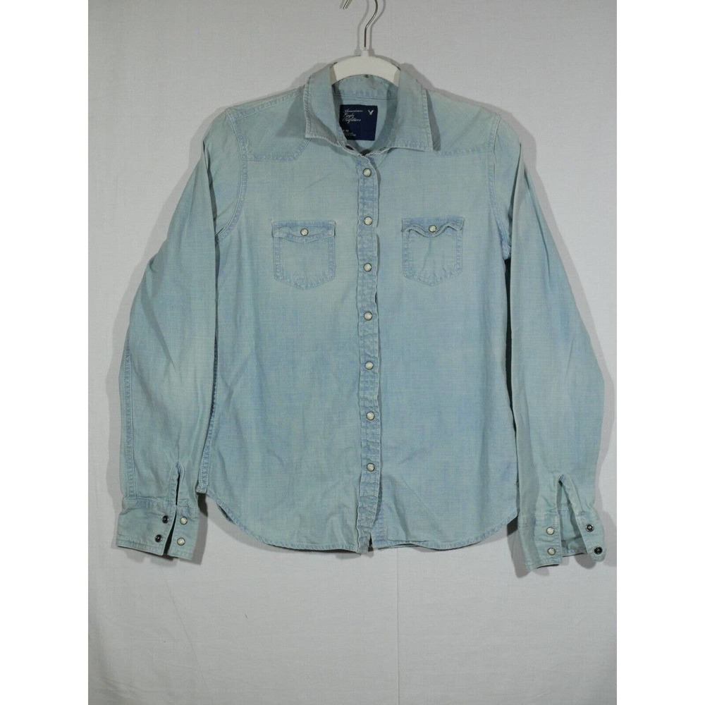 American Eagle Shirt Pearl Snap Blue Denim Medium Long Sleeve